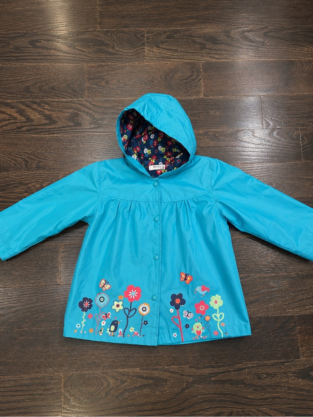Kids Hooded Floral Raincoat - Turquoise - Picture 2 of 7